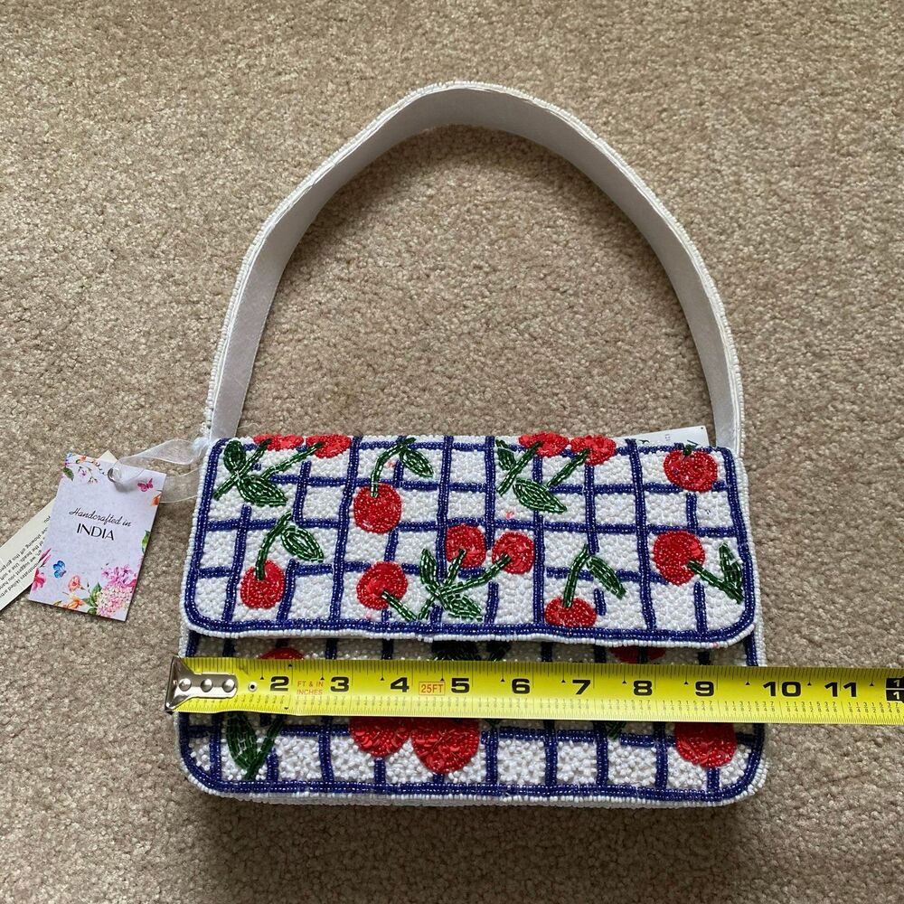 Viral Cherry Beaded Shoulder Bag NWT Navy White Red Green Summer Purse Vacation - Picture 7 of 12